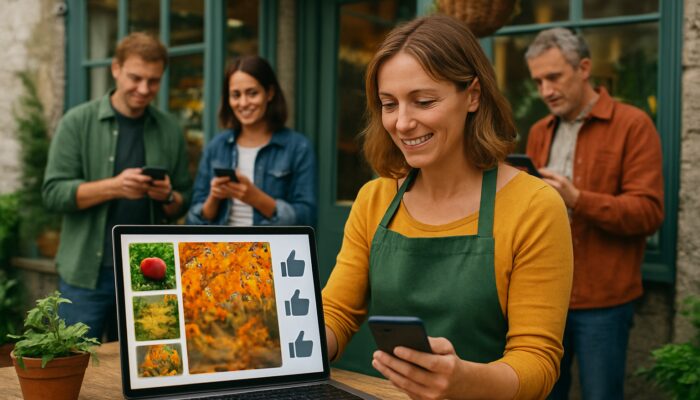 Totnes shop owner refreshing social media profile with seasonal photos, hashtags, and rising follower counts amid locals.