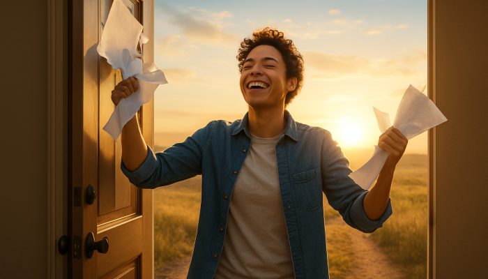 Relieved individual tearing up debt bills and stepping through an open door into a sunlit horizon for fresh beginnings.