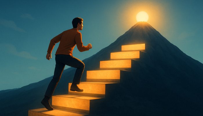 Individual climbing stepping stones labelled emergency fund and holiday savings toward the summit of financial independence